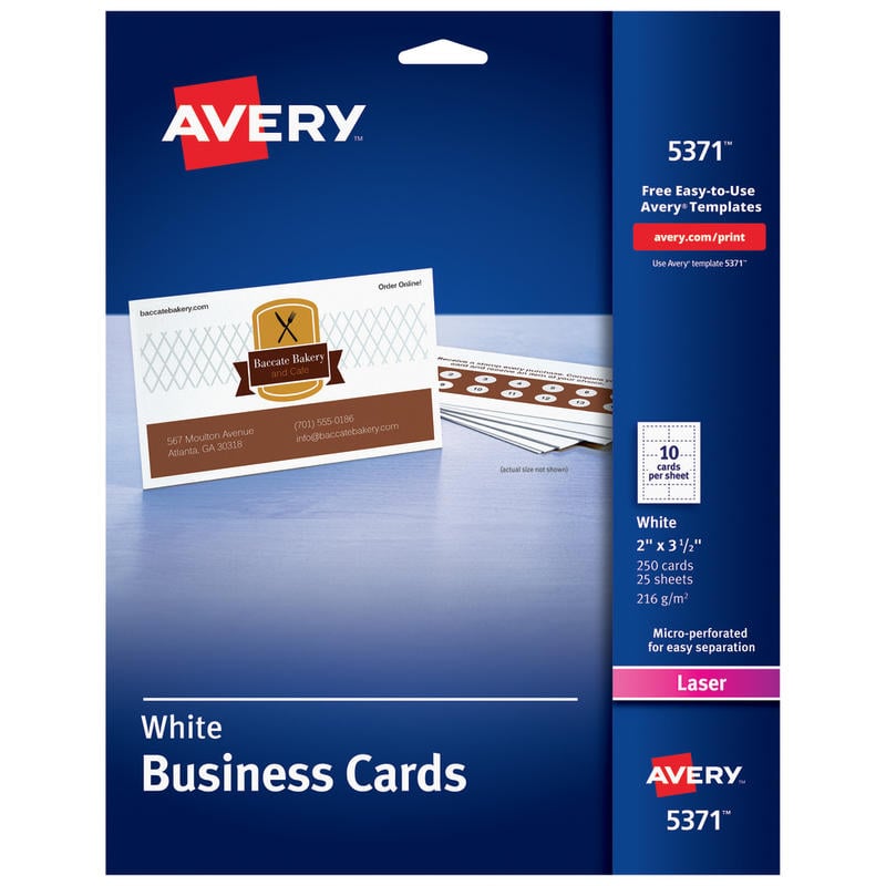 Avery Printable Business Cards With Sure Feed Technology For Laser Printers, 2in x 3.5in, White, 250 Blank Cards MPN:5371