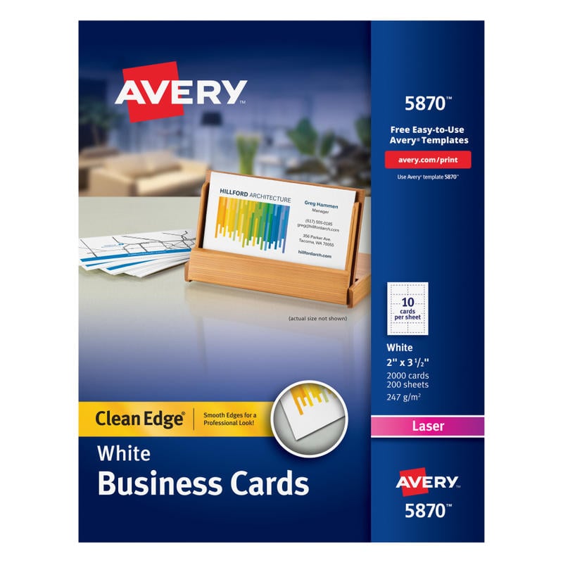 Avery Clean Edge Printable Business Cards With Sure Feed Technology for Laser Printers, 2in x 3.5in, White, 2,000 Blank Cards MPN:5870