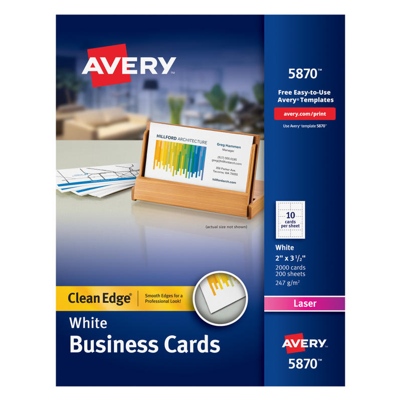 Avery Clean Edge Printable Business Cards With Sure Feed Technology for Laser Printers, 2in x 3.5in, White, 2, 000 Blank Cards MPN:5870