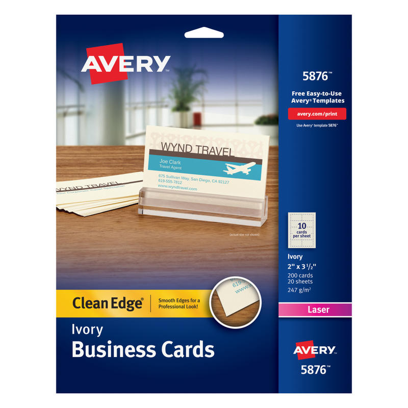 Avery Clean Edge Printable Business Cards With Sure Feed Technology For Laser Printers, 2in x 3.5in, Ivory, 200 Blank Cards MPN:5876