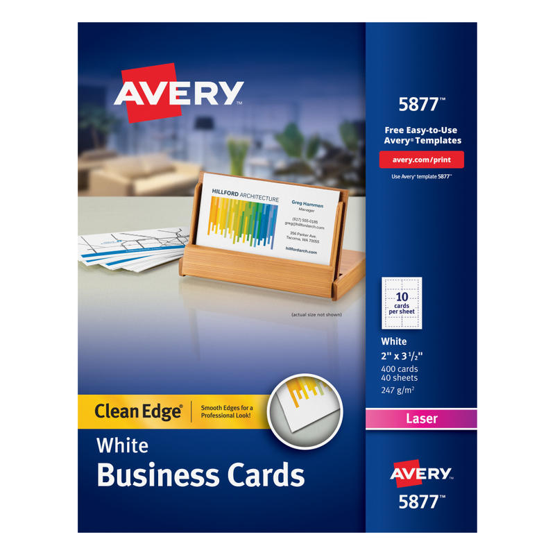 Avery Clean Edge Printable Business Cards With Sure Feed Technology for Laser Printers, 2in x 3.5in, White, 400 Blank Cards MPN:5877