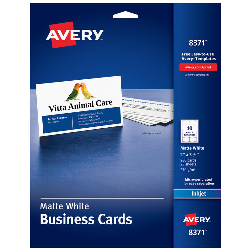Avery Printable Business Cards With Sure Feed Technology For Inkjet Printers, 2in x 3.5in, White, 250 Blank Cards MPN:8371
