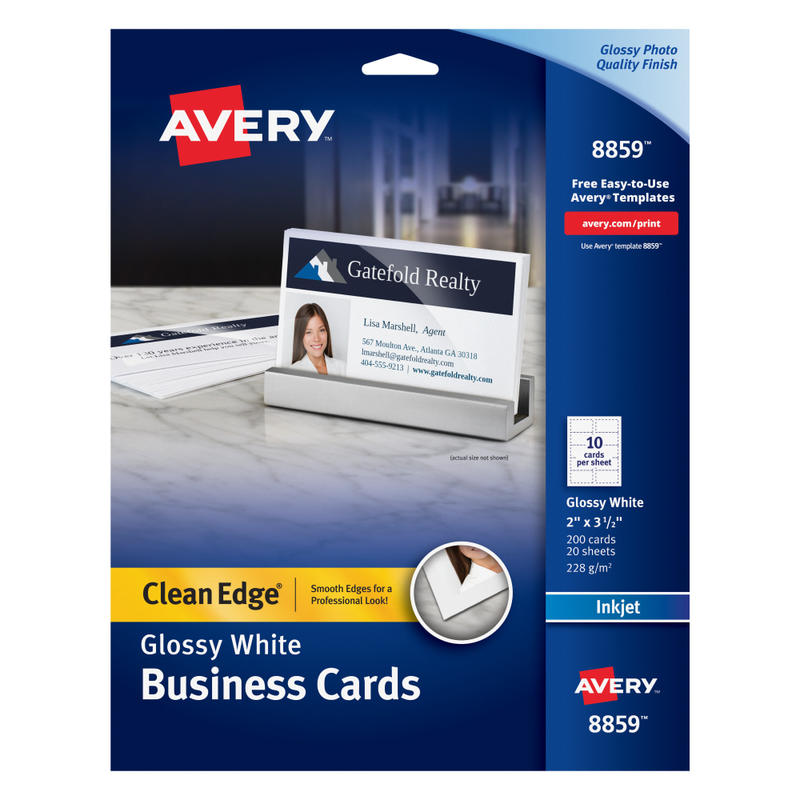 Avery Clean Edge Printable Business Cards With Sure Feed Technology For Inkjet Printers, 2in x 3.5in, Glossy White, 200 Blank Cards MPN:8859