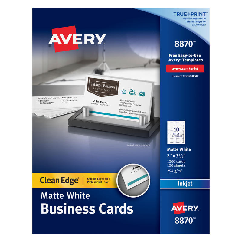 Avery Clean Edge Printable Business Cards With Sure Feed Technology For Inkjet Printers, 2in x 3.5in, White, 1,000 Blank Cards MPN:8870
