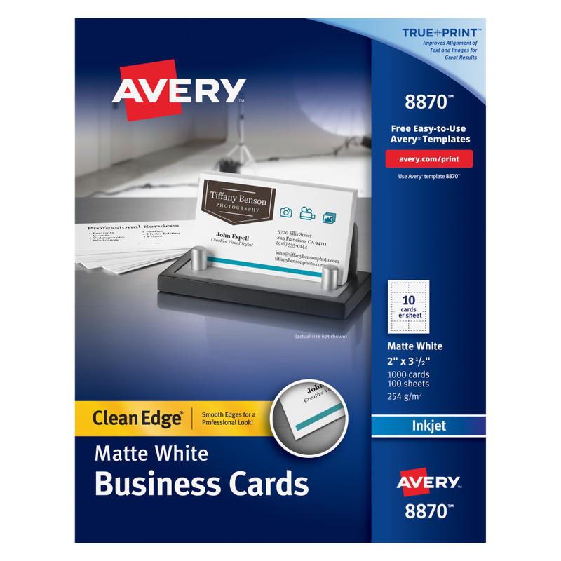 Avery Clean Edge Printable Business Cards With Sure Feed Technology For Inkjet Printers, 2in x 3.5in, White, 1, 000 Blank Cards MPN:8870