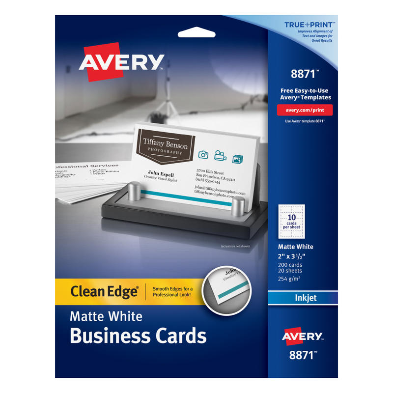 Avery Clean Edge Printable Business Cards With Sure Feed Technology For Inkjet Printers, 2in x 3.5in, White, 200 Blank Cards MPN:8871