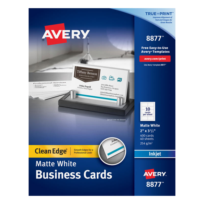 Avery Clean Edge Printable Business Cards With Sure Feed Technology For Inkjet Printers, 2in x 3.5in, White, 400 Blank Cards MPN:8877