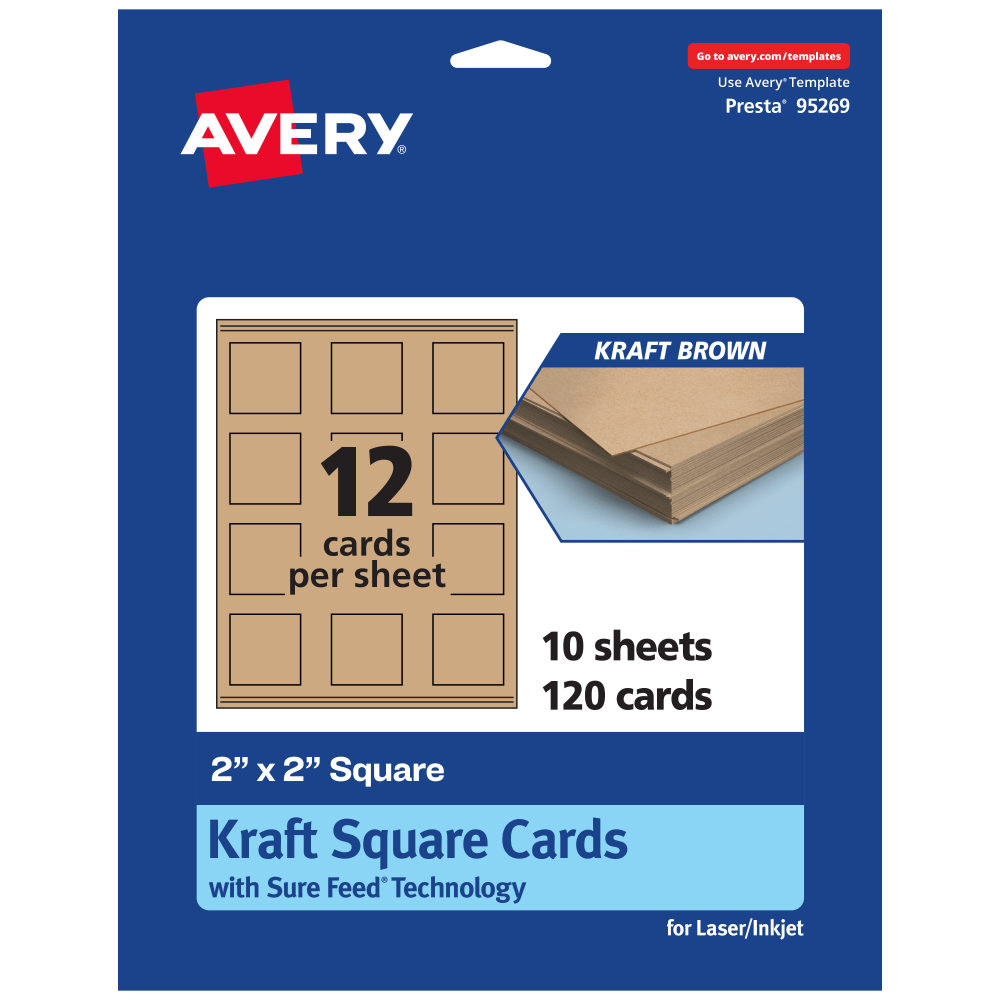 Avery Printable Business Cards With Sure Feed Technology, 95269-KMC10, Square, 2in x 2in, Kraft Brown, Pack Of 120 MPN:95269-KMC10