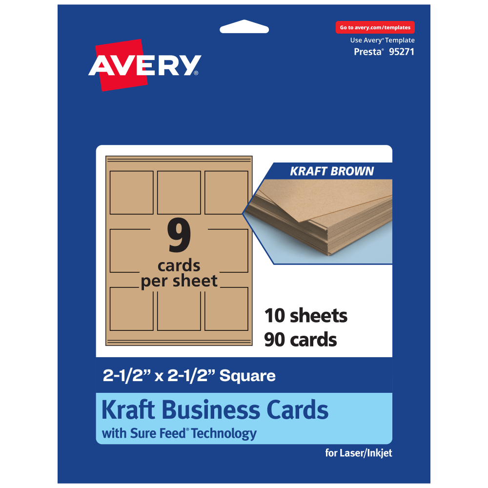 Avery Printable Business Cards With Sure Feed Technology, 95271-KMC10, Square, 2.5in x 2.5in, Kraft Brown, Pack Of 90 MPN:95271-KMC10