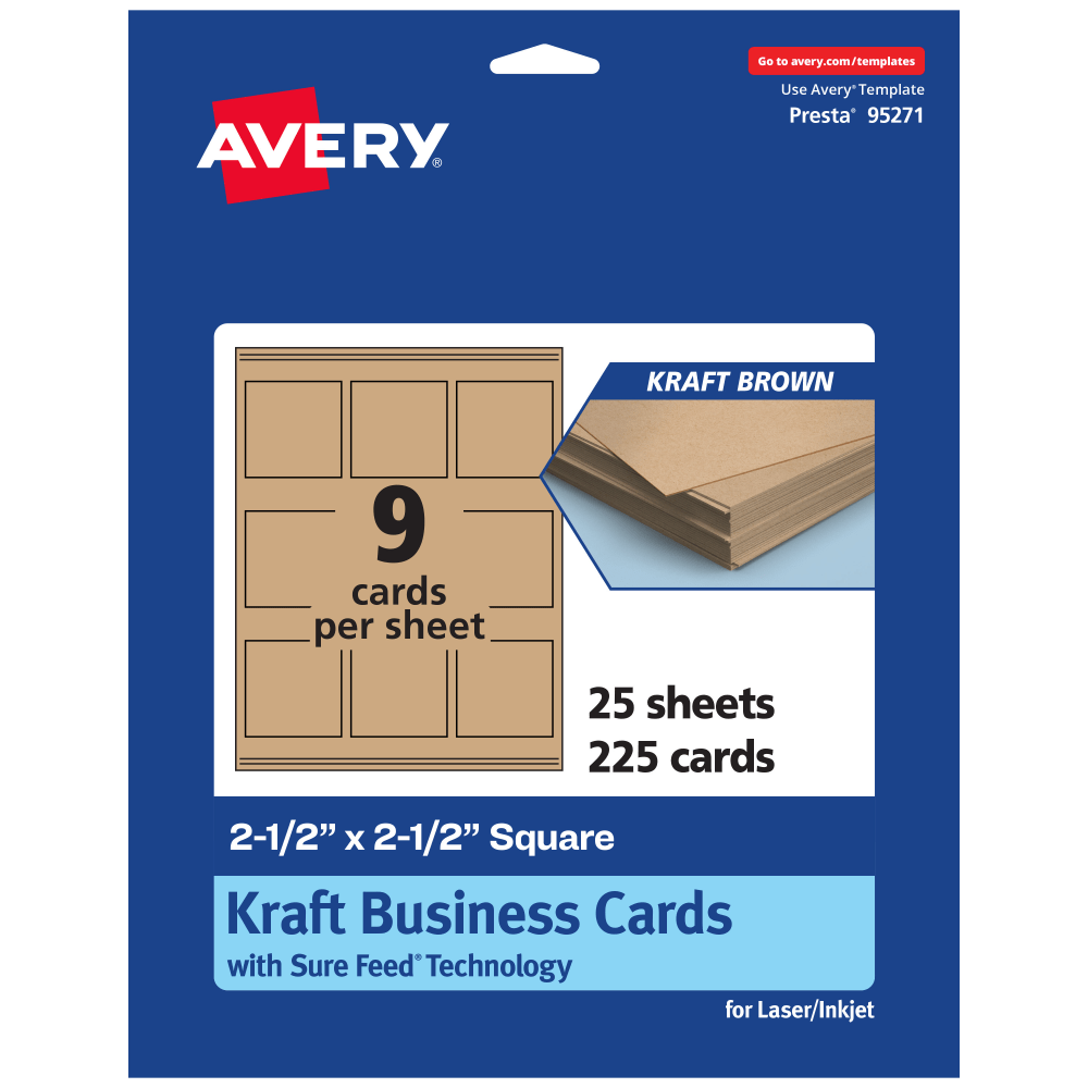 Avery Printable Business Cards With Sure Feed Technology, 95271-KMC25, Square, 2.5in x 2.5in, Kraft Brown, Pack Of 225 MPN:95271-KMC25