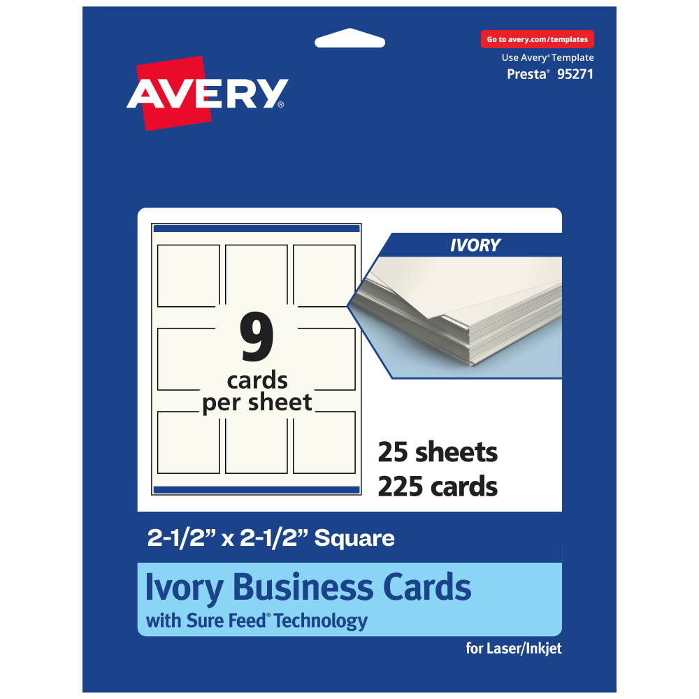 Avery Printable Business Cards With Sure Feed Technology, 95271-MIC25, Square, 2.5in x 2.5in, Matte Ivory, Pack Of 225 MPN:95271-MIC25