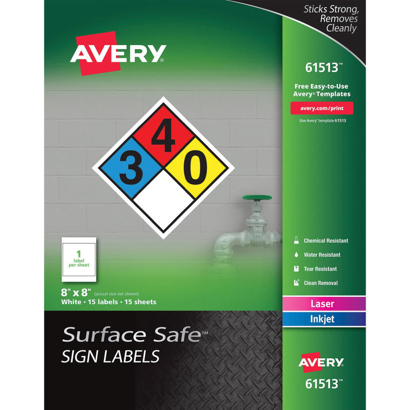 Avery Surface Safe Sign Labels, 8in x 8in, Square, Pack Of 15 (Min Order Qty 2) MPN:AVE61513