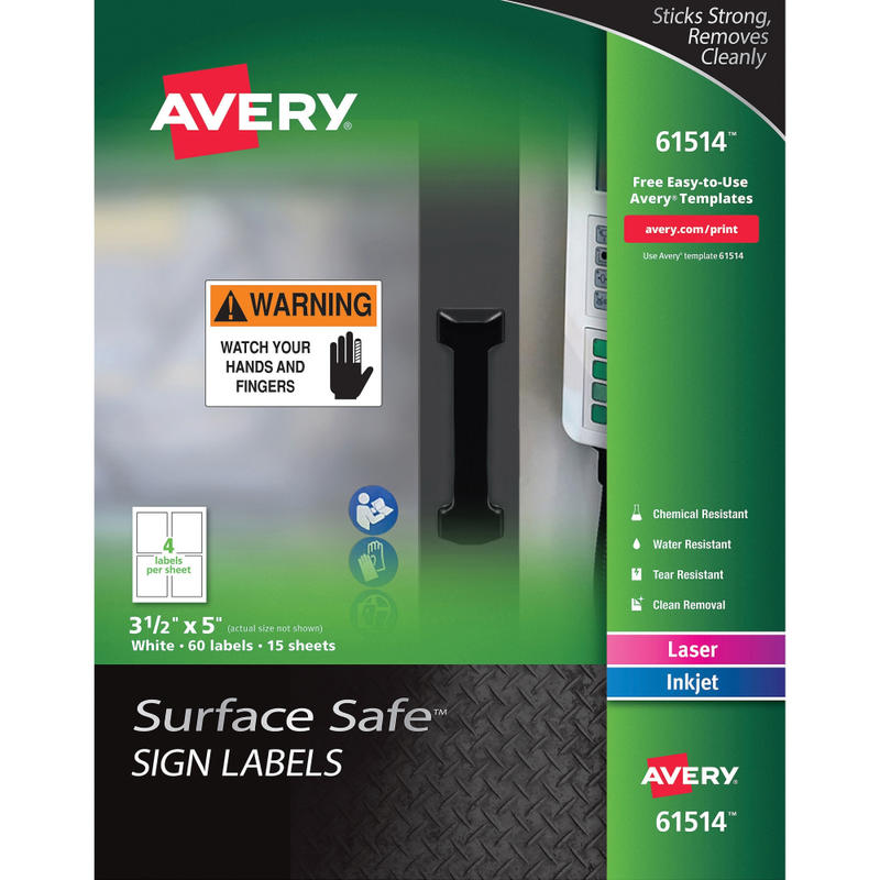 Avery Surface Safe Sign Labels, 3 1/2in x 5in, Square, Pack Of 60 (Min Order Qty 2) MPN:AVE61514