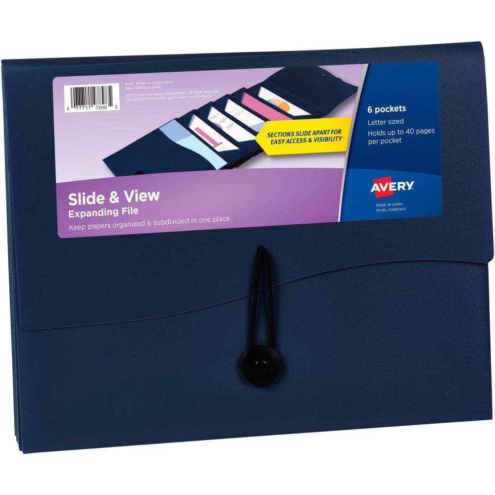 Avery Slide & View Letter Organizer Folder - 8 1/2in x 11in - 40 Sheets Capacity - 6 Pocket - Plastic, Poly - Navy - 1 Each MPN:73545