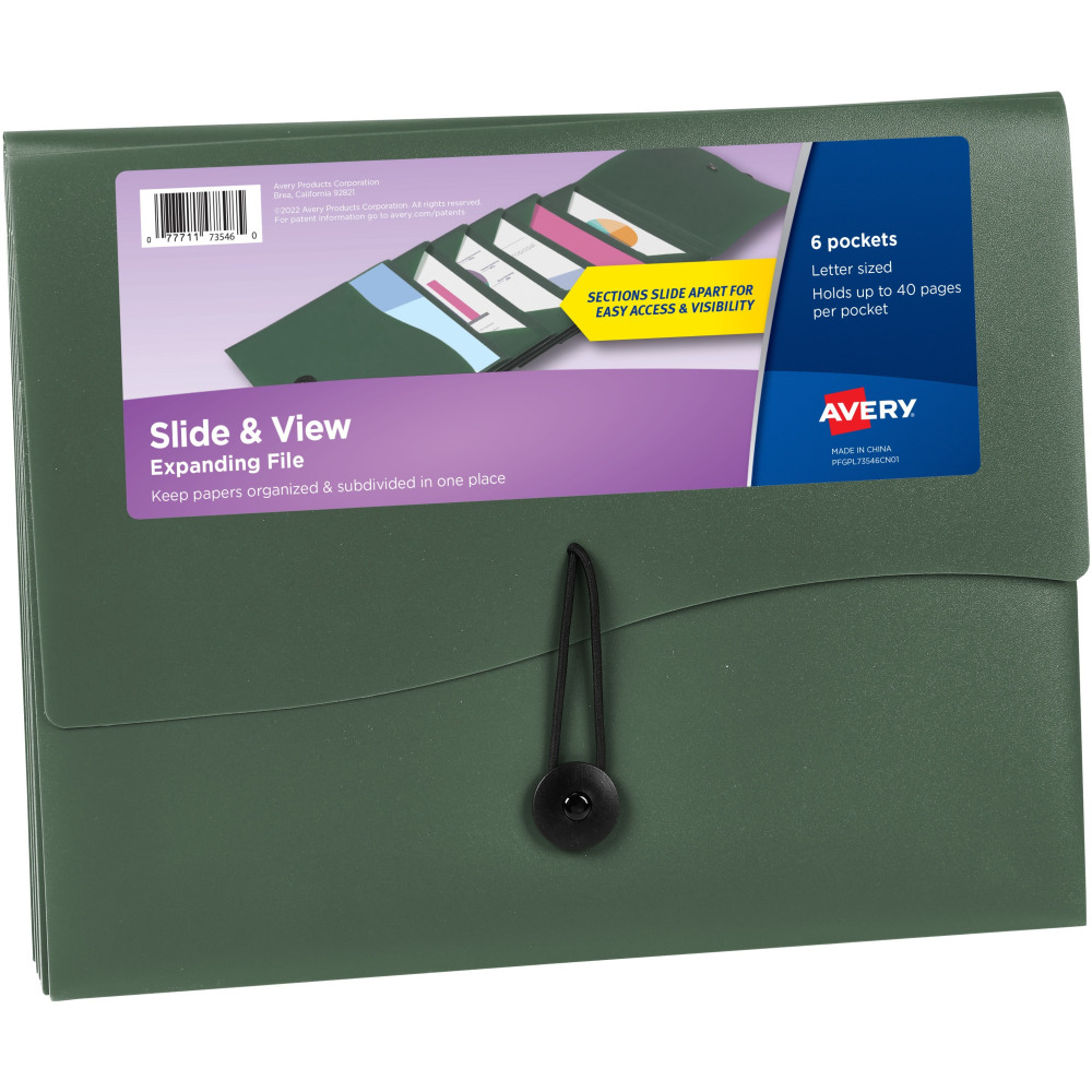Avery Slide & View Letter Organizer Folder - 8 1/2in x 11in - 40 Sheets Capacity - 6 Pocket - Plastic, Poly, Polypropylene - Sage - 1 Each MPN:73546