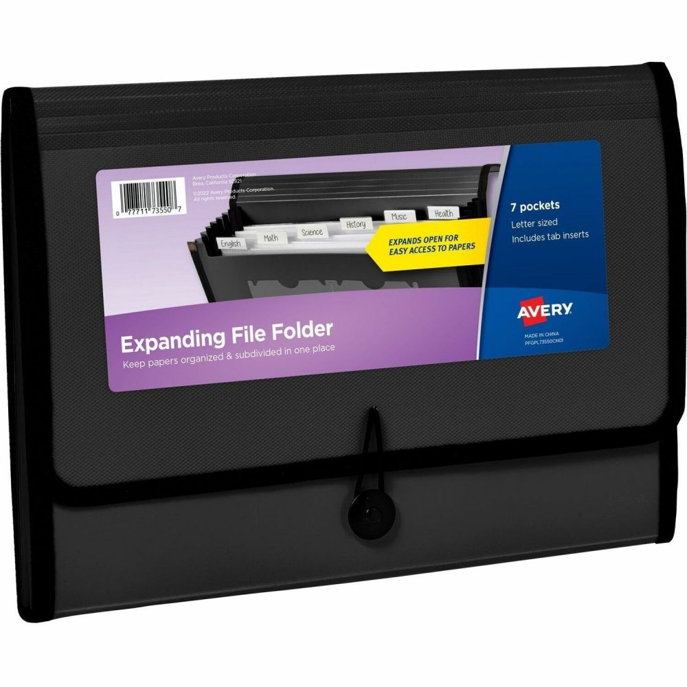 Avery Letter, A4 Expanding File - 425 Sheets Capacity - 7 Pocket - Polypropylene, Plastic, Fabric - Black - 0% Recycled - 1 Each MPN:73550
