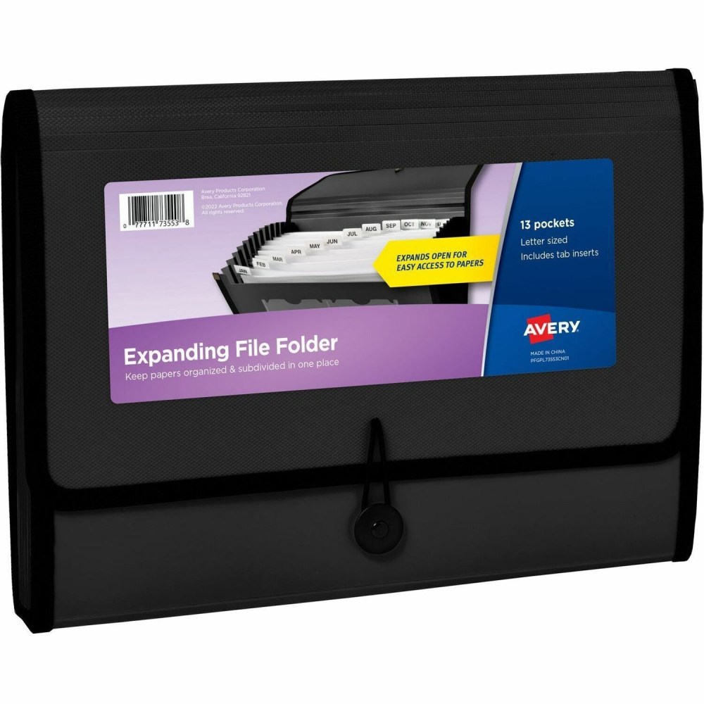 Avery Letter, A4 Expanding File - 425 Sheets Capacity - 13 Pocket - Polypropylene, Plastic, Fabric - Black - 0% Recycled - 1 Each MPN:73553