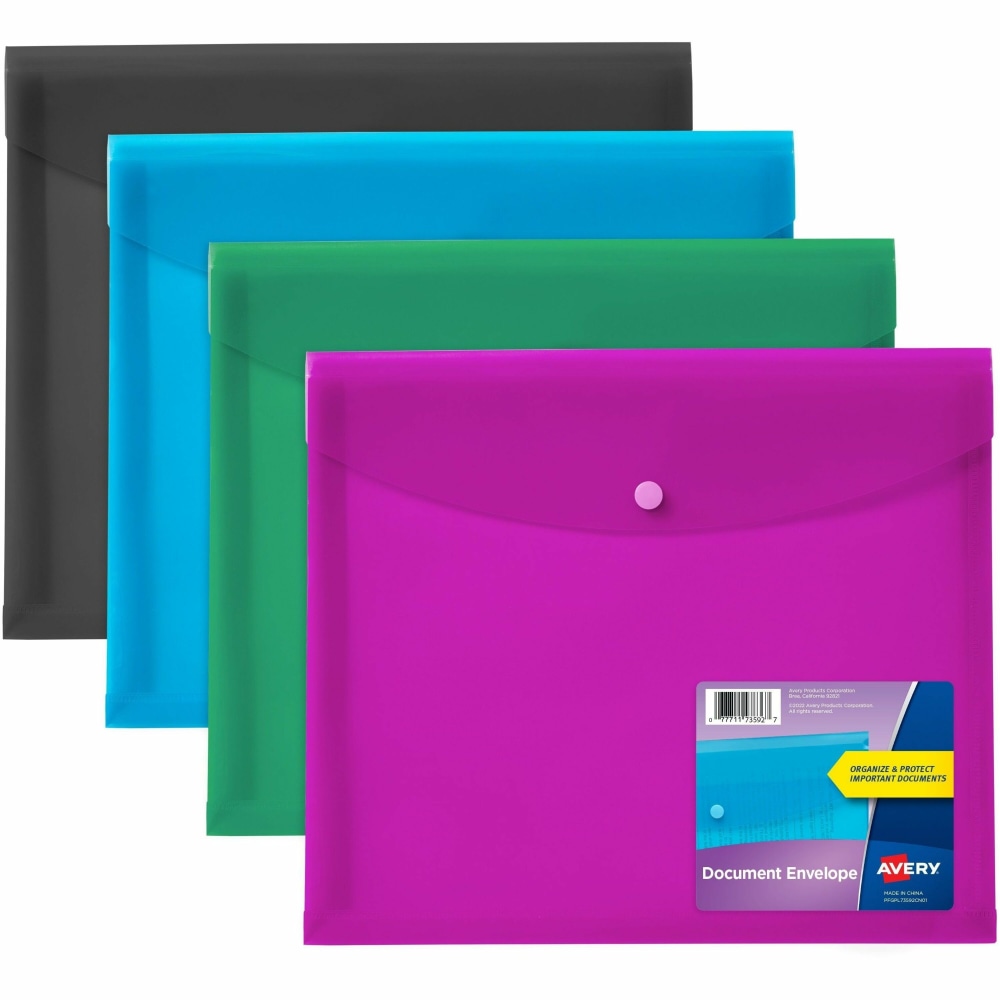 Avery Letter, A4 Yes Filing Envelope - 450 Sheets Capacity - Plastic, Polypropylene - Black, Aqua, Sage, Plum - 0% Recycled - 4 / Pack MPN:73556