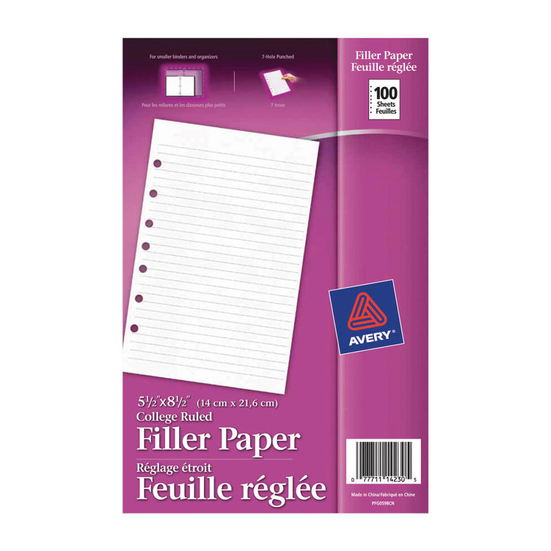 Avery Mini Binder Filler Paper, Fits 3-Ring/7-Ring Binders, 5-1/2in x 8-1/2in, College Ruled, Pack of 100 Sheets (Min Order Qty 12) MPN:14230