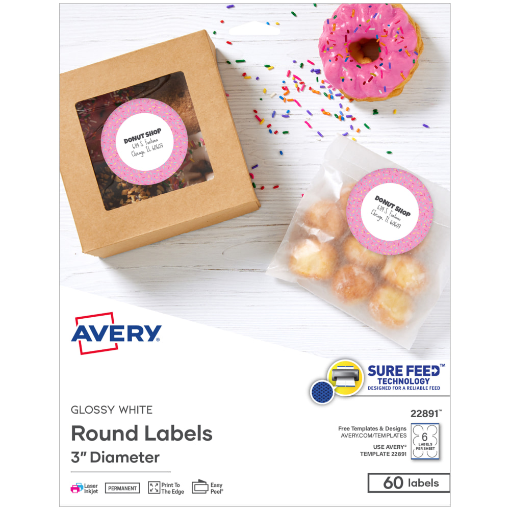 Avery Print-to-the-Edge Labels, 22891, 3in, Glossy White, 6 Labels Per Sheet, Pack Of 10 Sheets MPN:22891