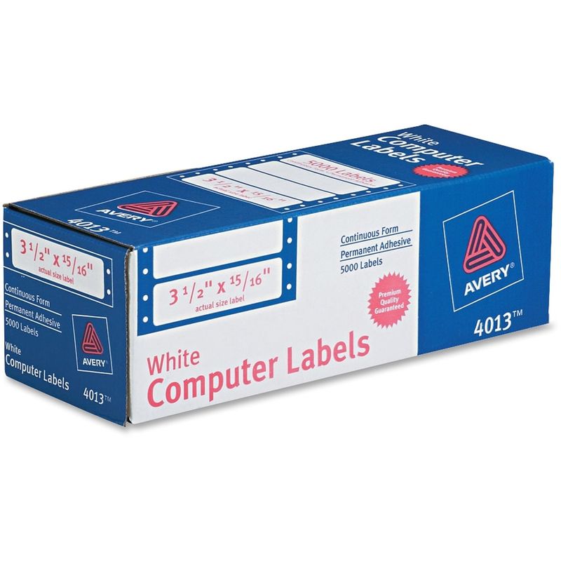 Avery Continuous Form Permanent Address Labels, 4013, Rectangle, 3 1/2in x 15/16in, White, Pack Of 5, 000 MPN:4013