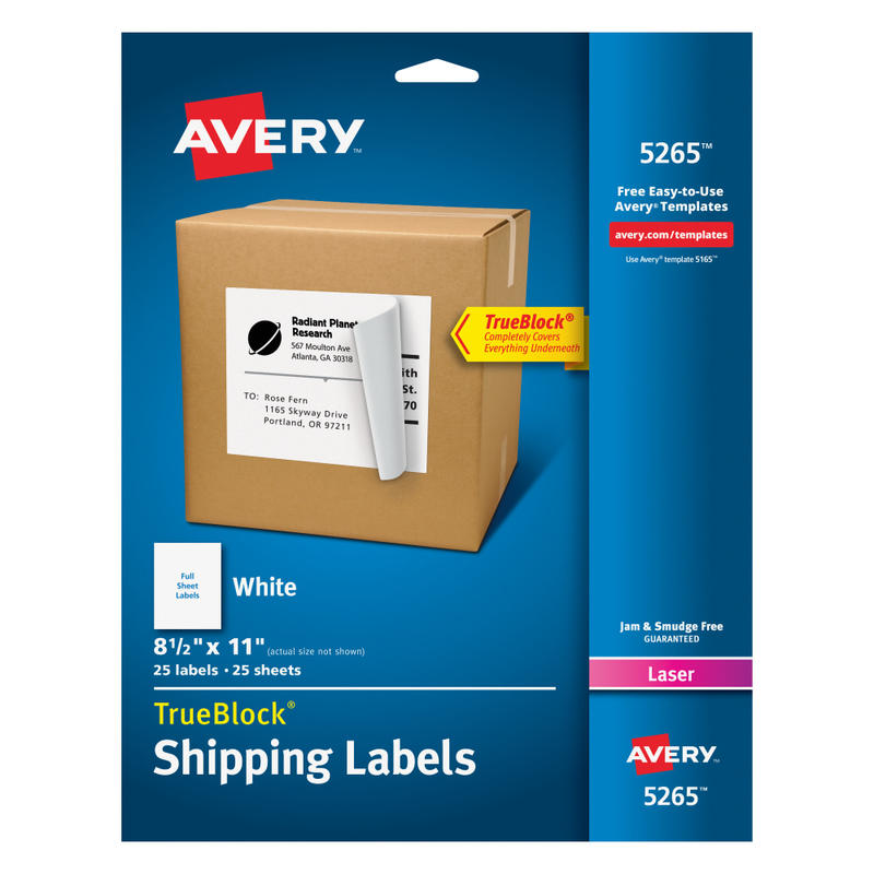 Avery Shipping Labels With TrueBlock Technology, Permanent Adhesive, 5265, Rectangle, 8-1/2in x 11in, White, Box Of 25 (Min Order Qty 4) MPN:05265