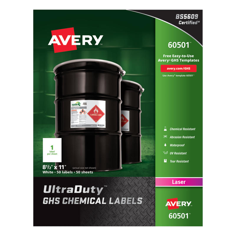 Avery UltraDuty GHS Chemical Labels For Laser Printers, Waterproof, UV Resistant, 60501, Rectangle, 8-1/2in x 11in, White, Pack Of 50 MPN:60501