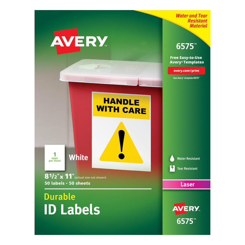 Avery Permanent Durable ID Labels With TrueBlock, 6575, 8 1/2in x 11in, White, Pack Of 50 (Min Order Qty 2) MPN:6575