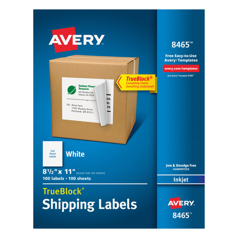 Avery Permanent Full-Sheet Labels, 8465, Inkjet, 8 1/2in x 11in, White, Box Of 100 (Min Order Qty 2) MPN:8465