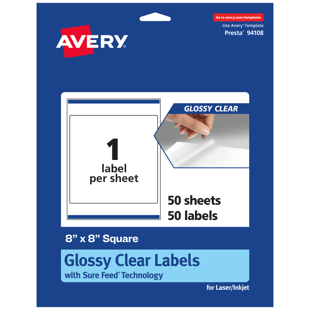 Avery Glossy Permanent Labels With Sure Feed, 94108-CGF50, Square, 8in x 8in, Clear, Pack Of 50 MPN:94108-CGF50
