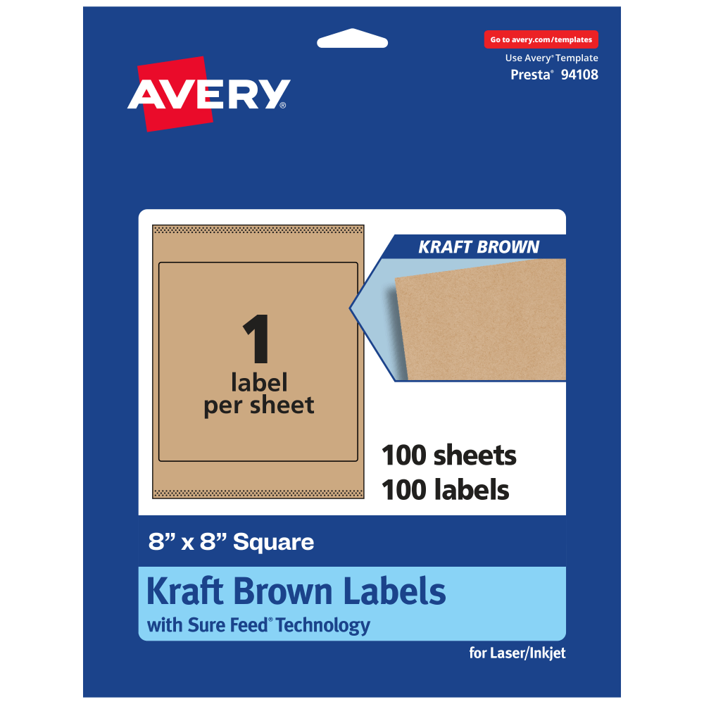 Avery Kraft Permanent Labels With Sure Feed, 94108-KMP100, Square, 8in x 8in, Brown, Pack Of 100 MPN:94108-KMP100
