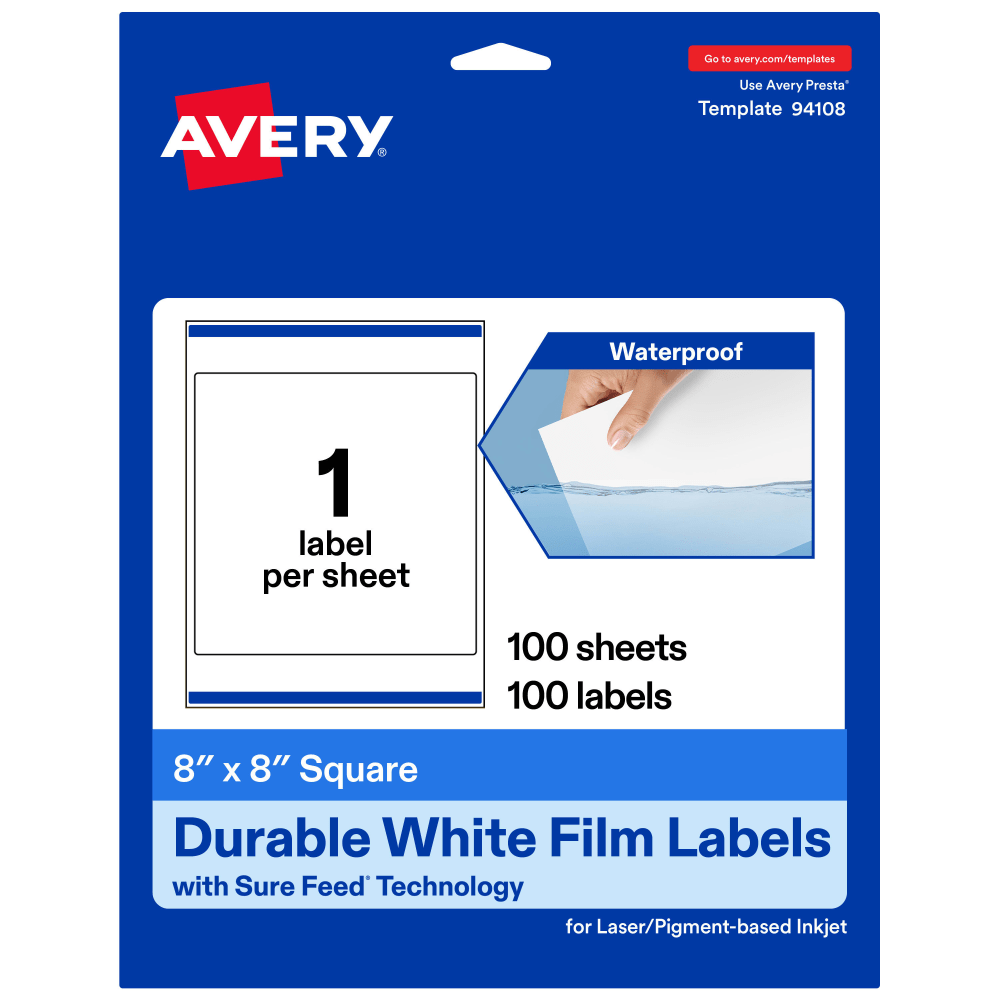 Avery Waterproof Permanent Labels With Sure Feed, 94108-WMF100, Square, 8in x 8in, White, Pack Of 100 MPN:94108-WMF100