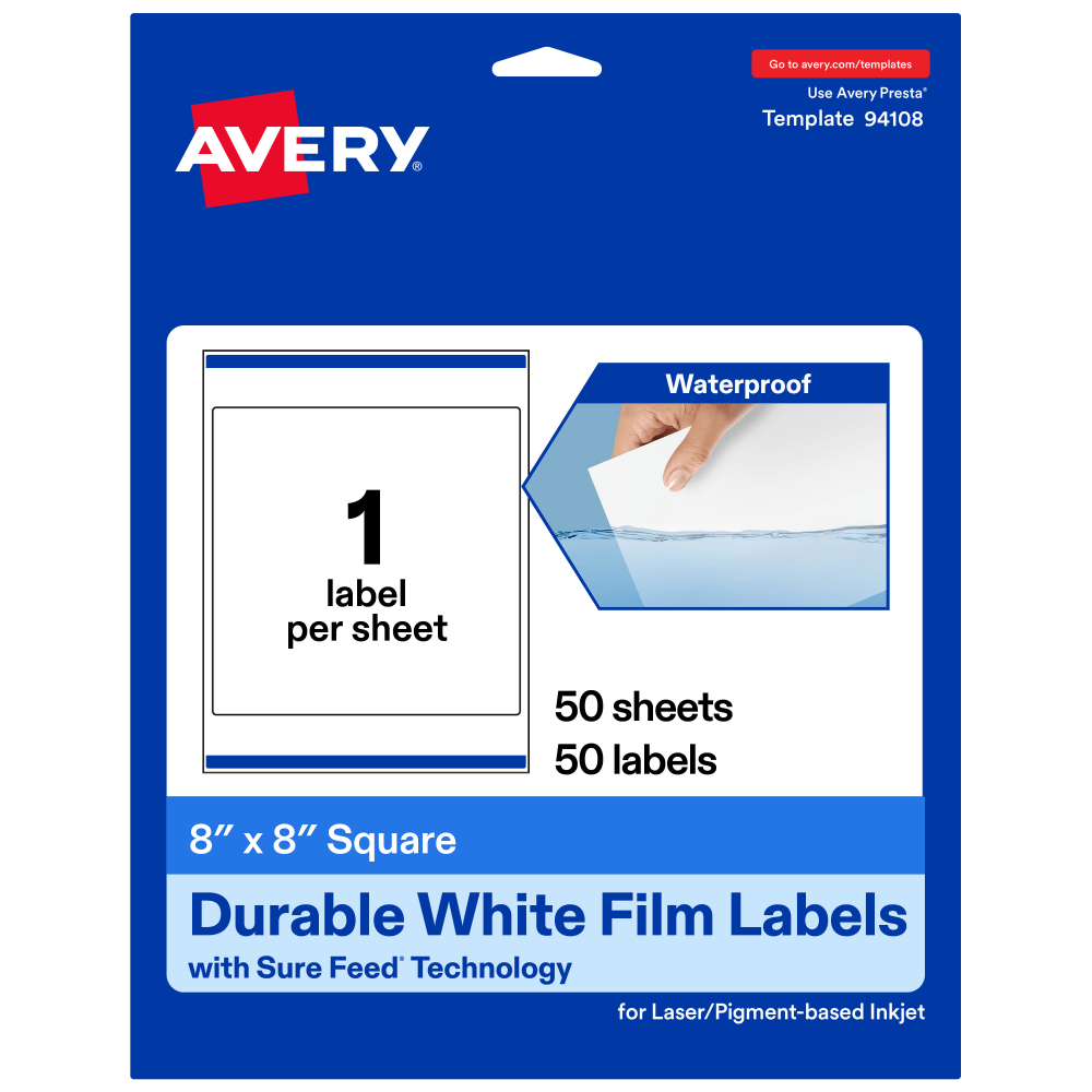 Avery Waterproof Permanent Labels With Sure Feed, 94108-WMF50, Square, 8in x 8in, White, Pack Of 50 MPN:94108-WMF50