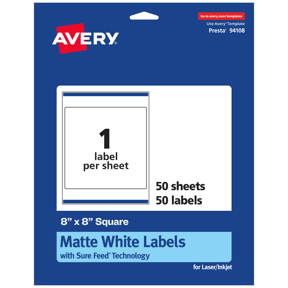Avery Permanent Labels With Sure Feed, 94108-WMP50, Square, 8in x 8in, White, Pack Of 50 MPN:94108-WMP50