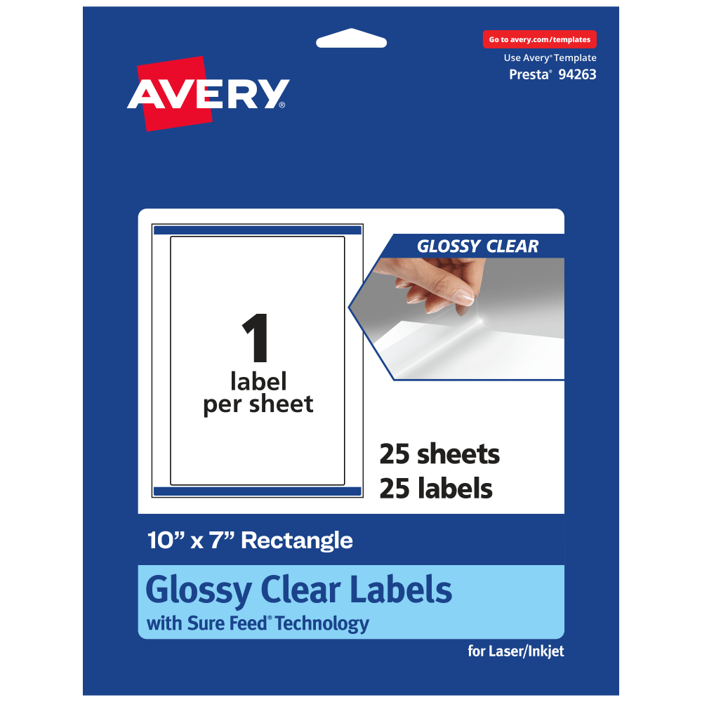 Avery Glossy Permanent Labels With Sure Feed, 94263-CGF25, Rectangle, 10in x 7in, Clear, Pack Of 25 MPN:94263-CGF25