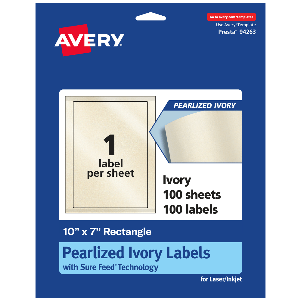 Avery Pearlized Permanent Labels With Sure Feed, 94263-PIP100, Rectangle, 10in x 7in, Ivory, Pack Of 100 Labels MPN:94263-PIP100