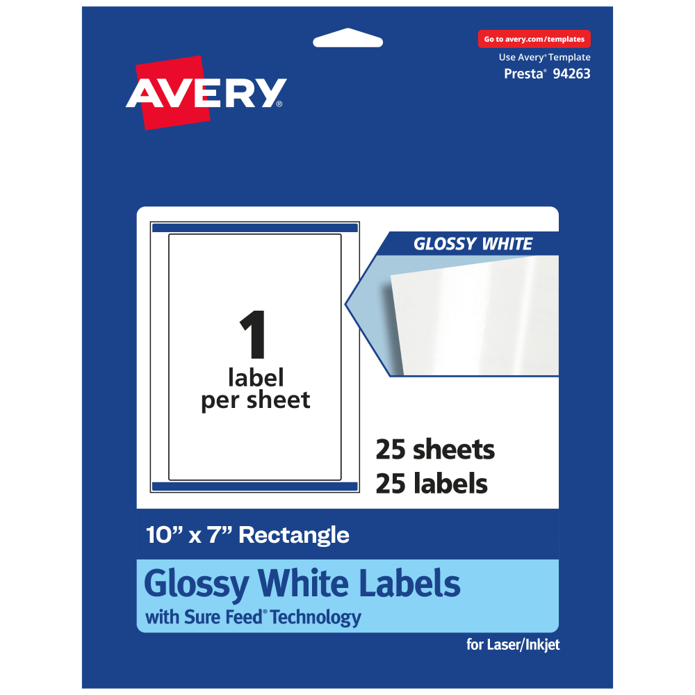 Avery Glossy Permanent Labels With Sure Feed, 94263-WGP25, Rectangle, 10in x 7in, White, Pack Of 25 MPN:94263-WGP25