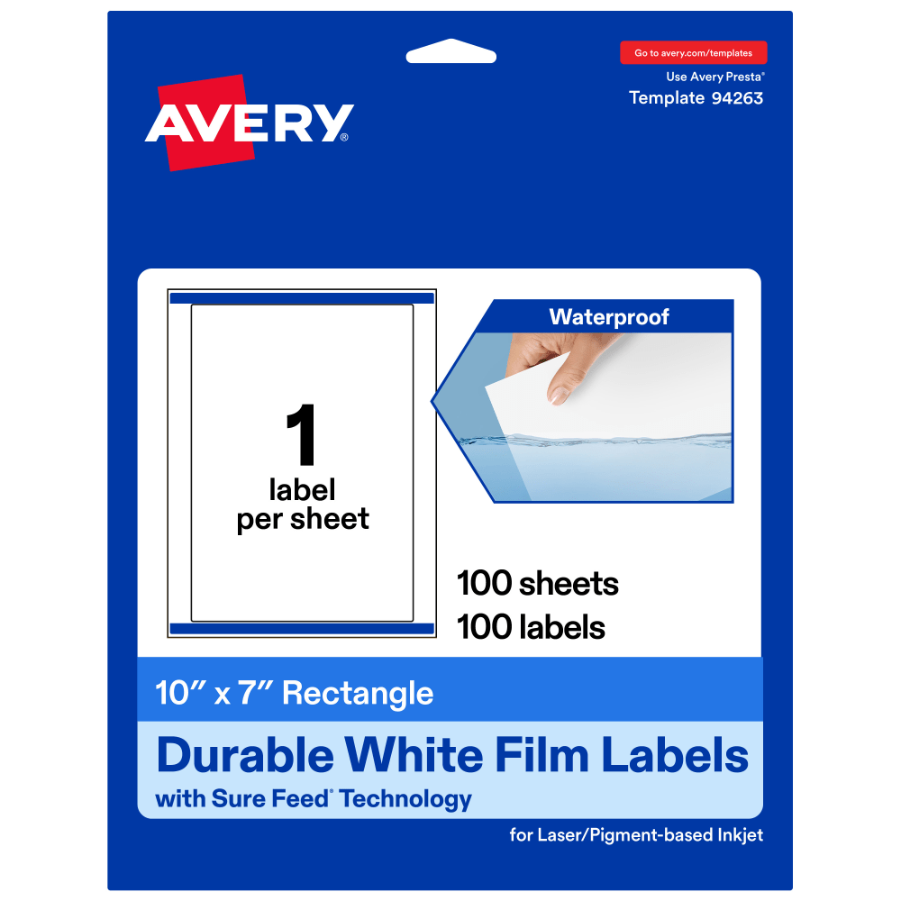 Avery Waterproof Permanent Labels With Sure Feed, 94263-WMF100, Rectangle, 10in x 7in, White, Pack Of 100 MPN:94263-WMF100