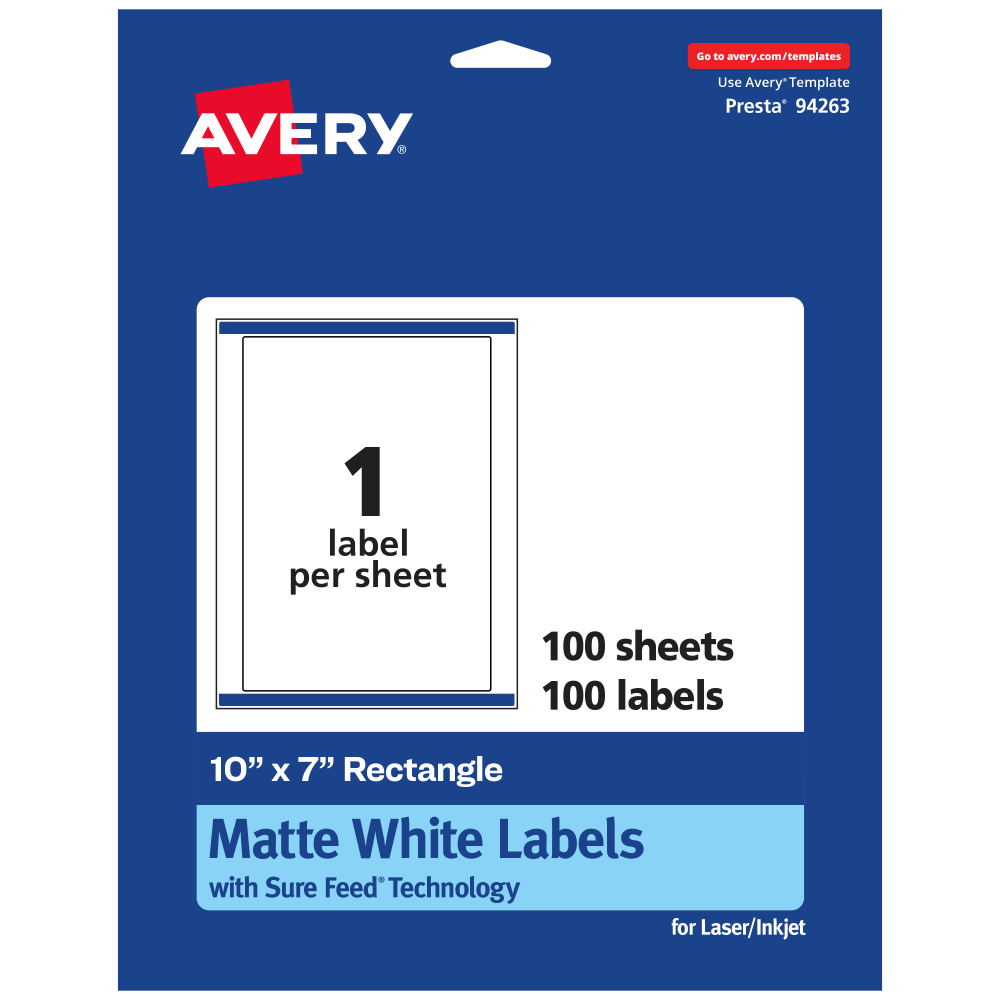 Avery Permanent Labels With Sure Feed, 94263-WMP100, Rectangle, 10in x 7in, White, Pack Of 100 MPN:94263-WMP100