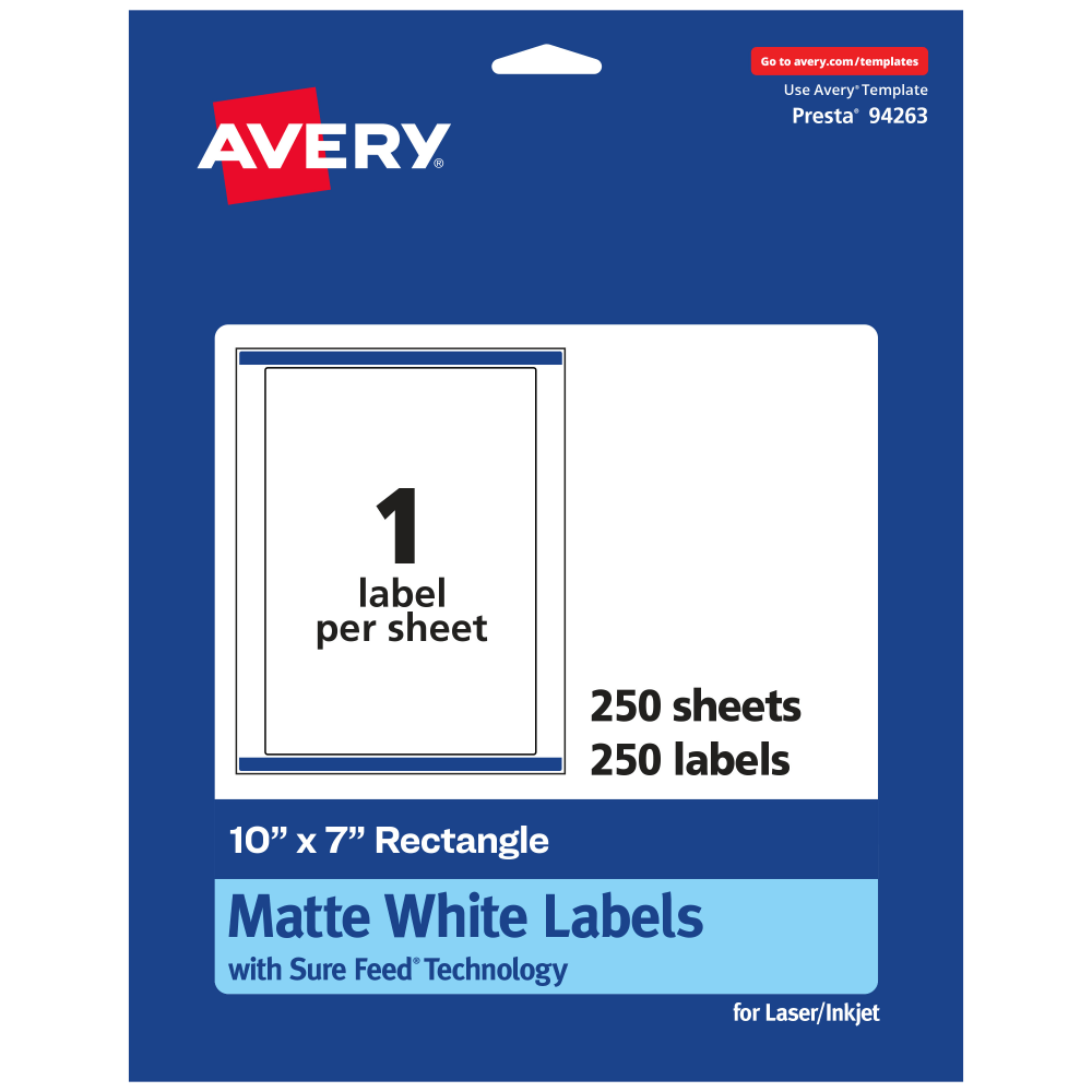 Avery Permanent Labels With Sure Feed, 94263-WMP250, Rectangle, 10in x 7in, White, Pack Of 250 MPN:94263-WMP250