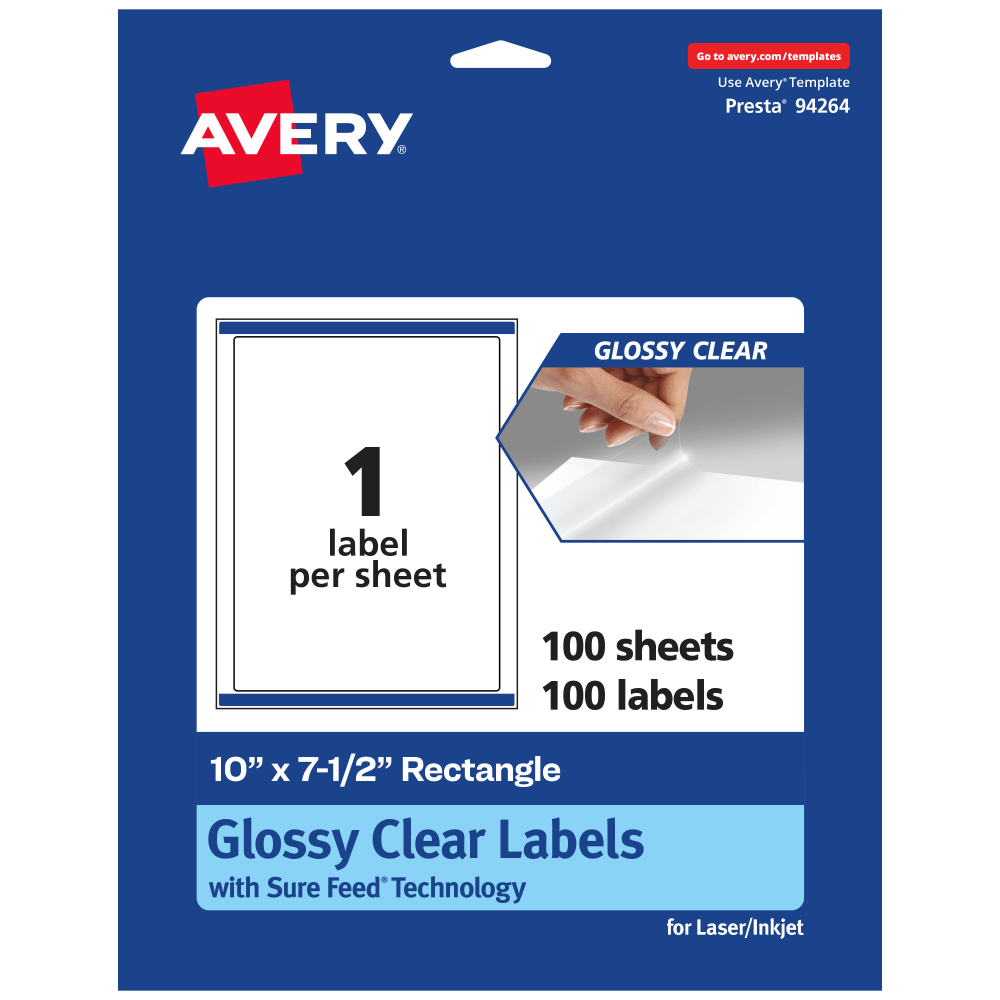Avery Glossy Permanent Labels With Sure Feed, 94264-CGF100, Rectangle, 10in x 7-1/2in, Clear, Pack Of 100 MPN:94264-CGF100