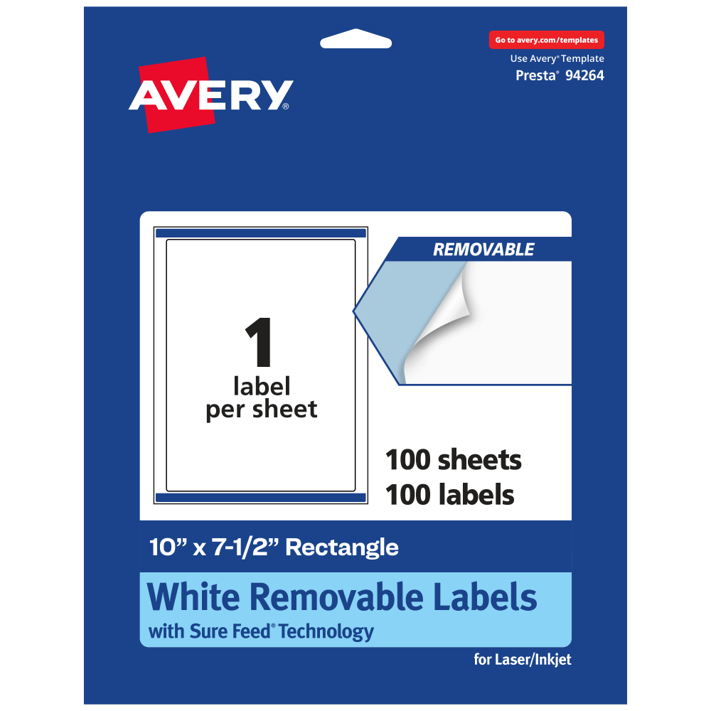 Avery Removable Labels With Sure Feed, 94264-RMP100, Rectangle, 10in x 7-1/2in, White, Pack Of 100 Labels MPN:94264-RMP100