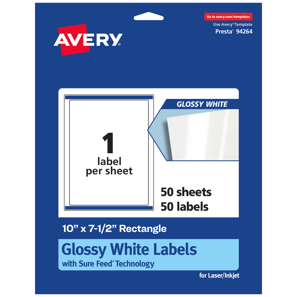 Avery Glossy Permanent Labels With Sure Feed, 94264-WGP50, Rectangle, 10in x 7-1/2in, White, Pack Of 50 MPN:94264-WGP50