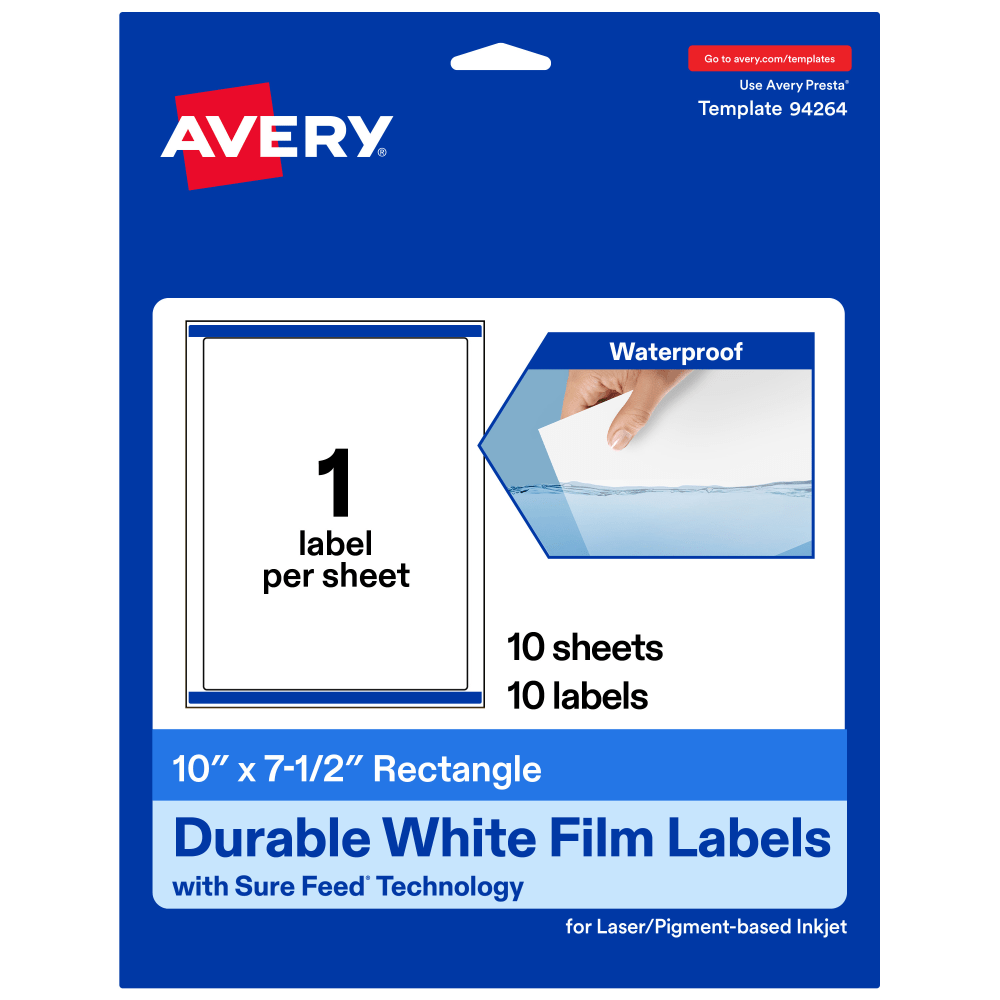 Avery Waterproof Permanent Labels With Sure Feed, 94264-WMF10, Rectangle, 10in x 7-1/2in, White, Pack Of 10 MPN:94264-WMF10