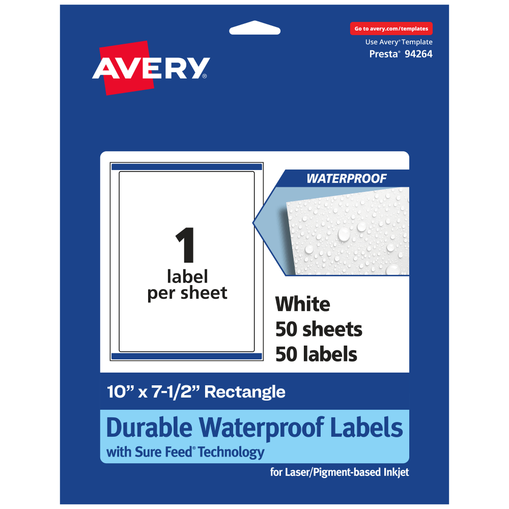 Avery Waterproof Permanent Labels With Sure Feed, 94264-WMF50, Rectangle, 10in x 7-1/2in, White, Pack Of 50 MPN:94264-WMF50