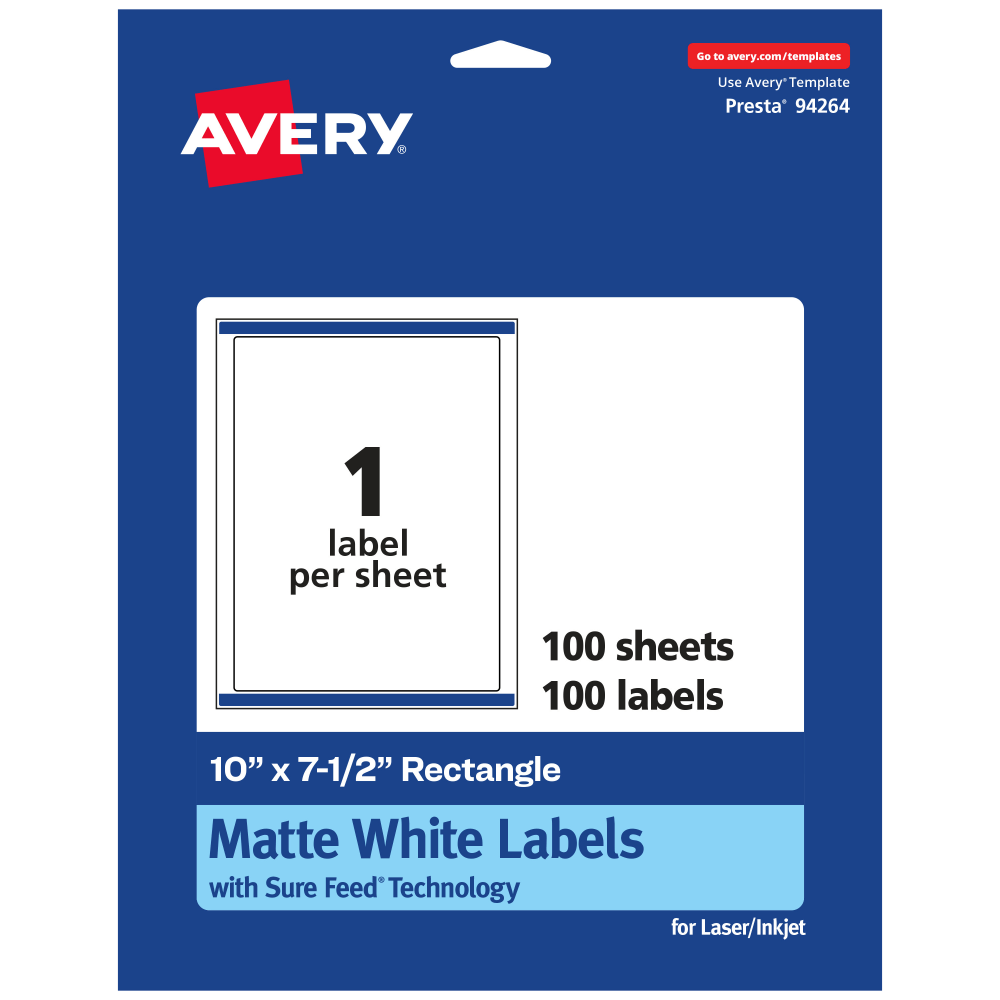 Avery Permanent Labels With Sure Feed, 94264-WMP100, Rectangle, 10in x 7-1/2in, White, Pack Of 100 MPN:94264-WMP100