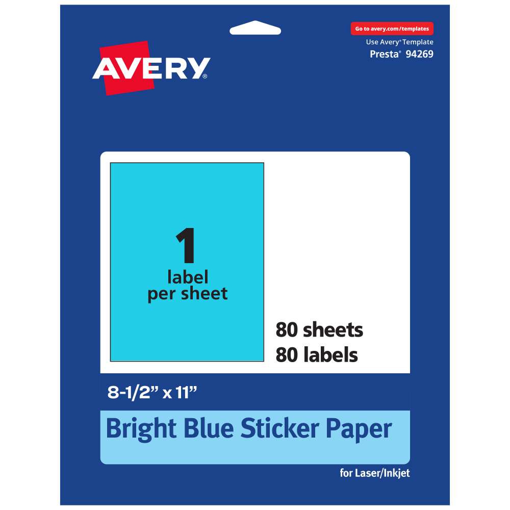 Avery Printable Sticker Paper, 94269-BBP80, Rectangle, 8-1/2in x 11in, Matte Bright Blue, Pack of 80 MPN:94269-BBP80