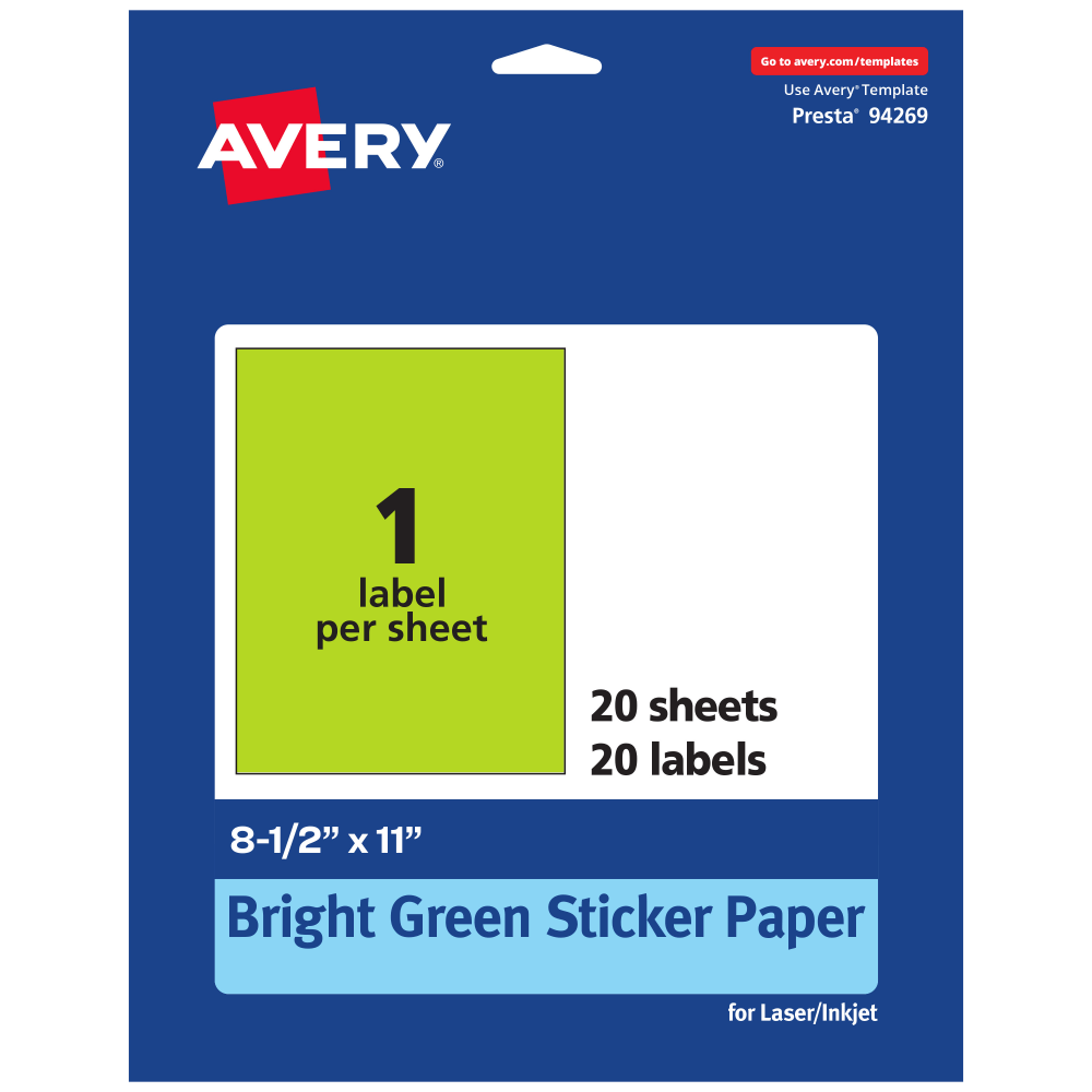 Avery Printable Sticker Paper, 94269-BGP20, Rectangle, 8-1/2in x 11in, Matte Bright Green, Pack of 20 MPN:94269-BGP20