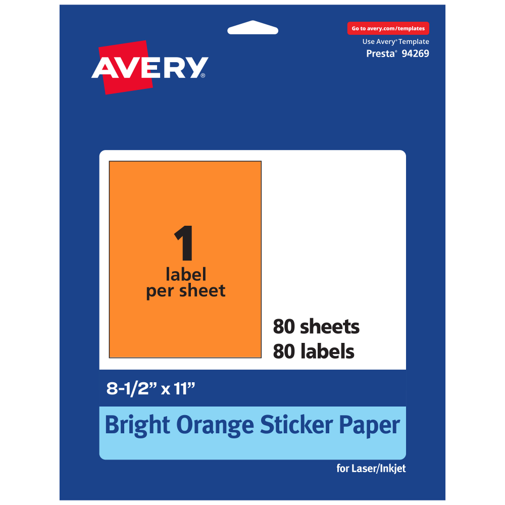 Avery Printable Sticker Paper, 94269-BOP80, Rectangle, 8-1/2in x 11in, Matte Bright Orange, Pack of 80 MPN:94269-BOP80