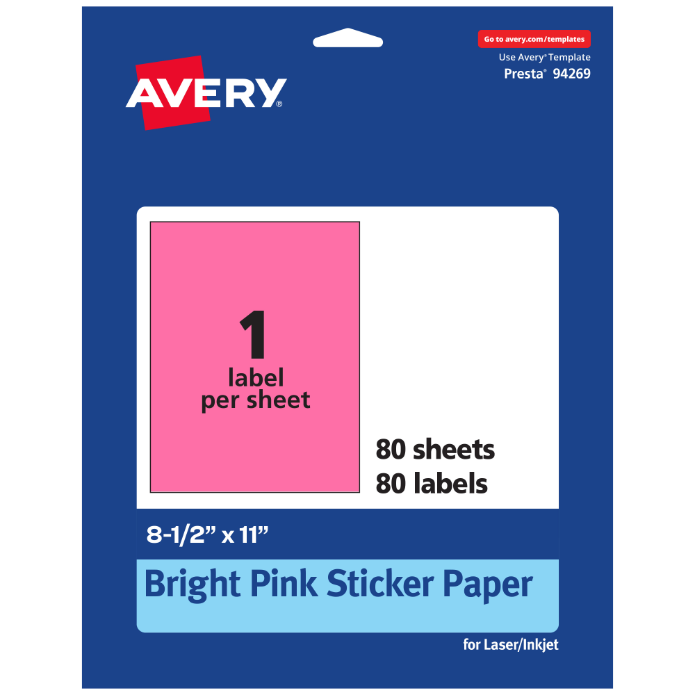 Avery Printable Sticker Paper, 94269-BPP80, Rectangle, 8-1/2in x 11in, Matte Bright Pink, Pack of 80 MPN:94269-BPP80